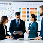 A diverse group of professional business individuals in modest, sophisticated business suits and attire, engaged in an earnest, collaborative discussion around a large, modern conference table. They are actively reviewing a tablet displaying strategic graphs and a large screen showcasing a cleanly organized mind map of brand messaging, emphasizing mutual understanding and a strong foundation for a partnership. The environment is a brightly lit, contemporary office with clean lines and professional decor. The overall atmosphere is one of focused professionalism and clear communication. fully clothed, appropriate attire, safe for work, perfect anatomy, correct proportions, natural pose, well-formed hands, proper finger count, natural body proportions, professional photography, high quality, appropriate content, family-friendly.