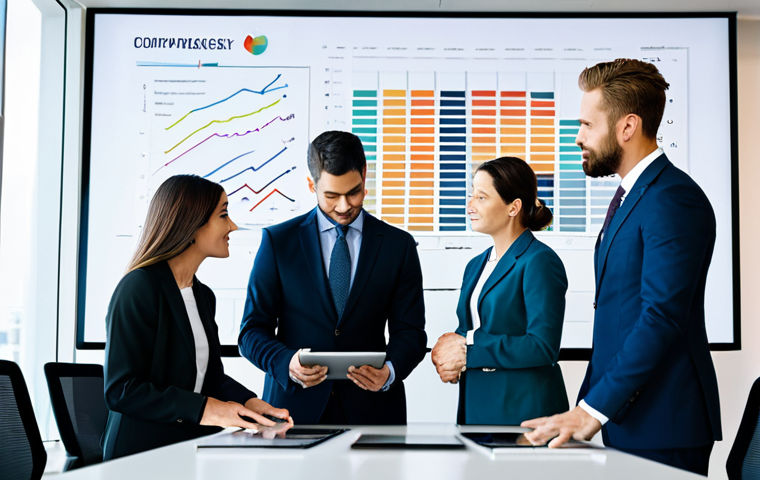 A diverse group of professional business individuals in modest, sophisticated business suits and attire, engaged in an earnest, collaborative discussion around a large, modern conference table. They are actively reviewing a tablet displaying strategic graphs and a large screen showcasing a cleanly organized mind map of brand messaging, emphasizing mutual understanding and a strong foundation for a partnership. The environment is a brightly lit, contemporary office with clean lines and professional decor. The overall atmosphere is one of focused professionalism and clear communication. fully clothed, appropriate attire, safe for work, perfect anatomy, correct proportions, natural pose, well-formed hands, proper finger count, natural body proportions, professional photography, high quality, appropriate content, family-friendly.
