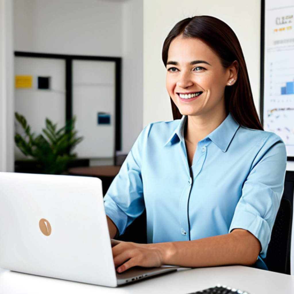 A professional woman, dressed in a modest and appropriate business casual outfit, sits at a contemporary desk in a bright, modern home office. She is looking at a laptop screen with a warm, genuine smile, as if connecting authentically with her online community. The background features subtle, abstract digital lines symbolizing network connections and engagement. The lighting is soft and inviting, emphasizing a friendly, approachable atmosphere. fully clothed, appropriate attire, professional dress, safe for work, appropriate content, modest, perfect anatomy, correct proportions, natural pose, well-formed hands, proper finger count, natural body proportions, professional photography, high resolution, sharp focus.