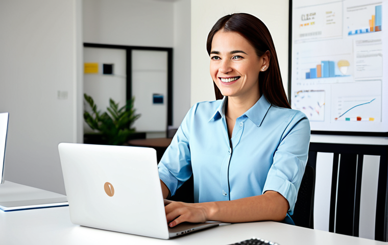 A professional woman, dressed in a modest and appropriate business casual outfit, sits at a contemporary desk in a bright, modern home office. She is looking at a laptop screen with a warm, genuine smile, as if connecting authentically with her online community. The background features subtle, abstract digital lines symbolizing network connections and engagement. The lighting is soft and inviting, emphasizing a friendly, approachable atmosphere. fully clothed, appropriate attire, professional dress, safe for work, appropriate content, modest, perfect anatomy, correct proportions, natural pose, well-formed hands, proper finger count, natural body proportions, professional photography, high resolution, sharp focus.