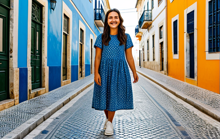 인플루언서 협업에서의 소셜 미디어 활용법 - Lisbon Street Style**
"A young woman with a warm smile, standing on a sunny street in Lisbon, Portu...