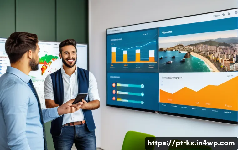 인플루언서와의 협업을 통한 브랜드 가시성 증대 - A professional Brazilian marketing team in a modern office setting, analyzing social media influence...