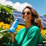Home 21 인플루언서가 협업을 선호하는 브랜드 특성 - A vibrant scene of a Brazilian eco-conscious influencer in her mid-30s, smiling warmly while filming...