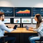 Home 18 인플루언서 협업에서 측정해야 할 KPI - A professional marketing team analyzing influencer engagement data on multiple digital dashboards in...